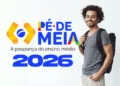 Estudante ao lado da identidade visual do Pé-de-Meia 2026, programa monitorado pelo MEC por meio da frequência escolar.