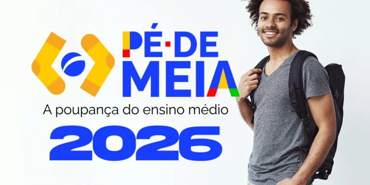 Estudante ao lado da identidade visual do Pé-de-Meia 2026, programa monitorado pelo MEC por meio da frequência escolar.