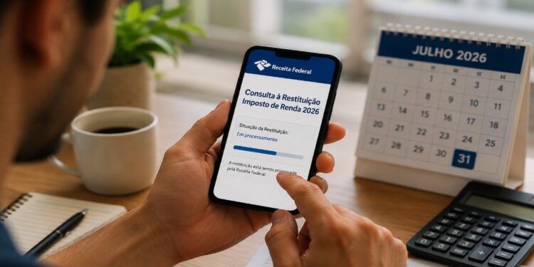 Imagem ilustrativa de contribuinte consultando pelo celular a situação da restituição do Imposto de Renda 2026 para verificar se há pendência nos dados bancários
