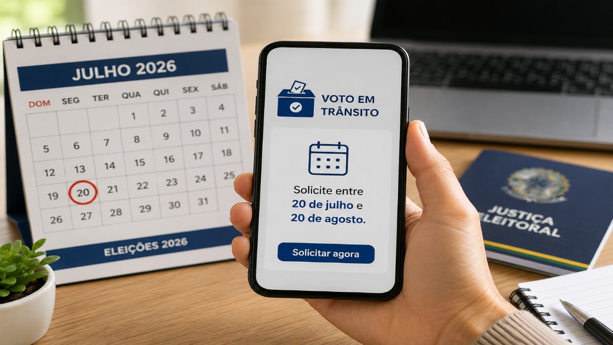 20 de agosto: prazo final para solicitar voto em trânsito e alterar cargos elegíveis em outubro 2 Celular mostra o aviso para pedir o voto em trânsito entre 20 de julho e 20 de agosto, prazo de quem vai votar fora da própria cidade nas Eleições 2026