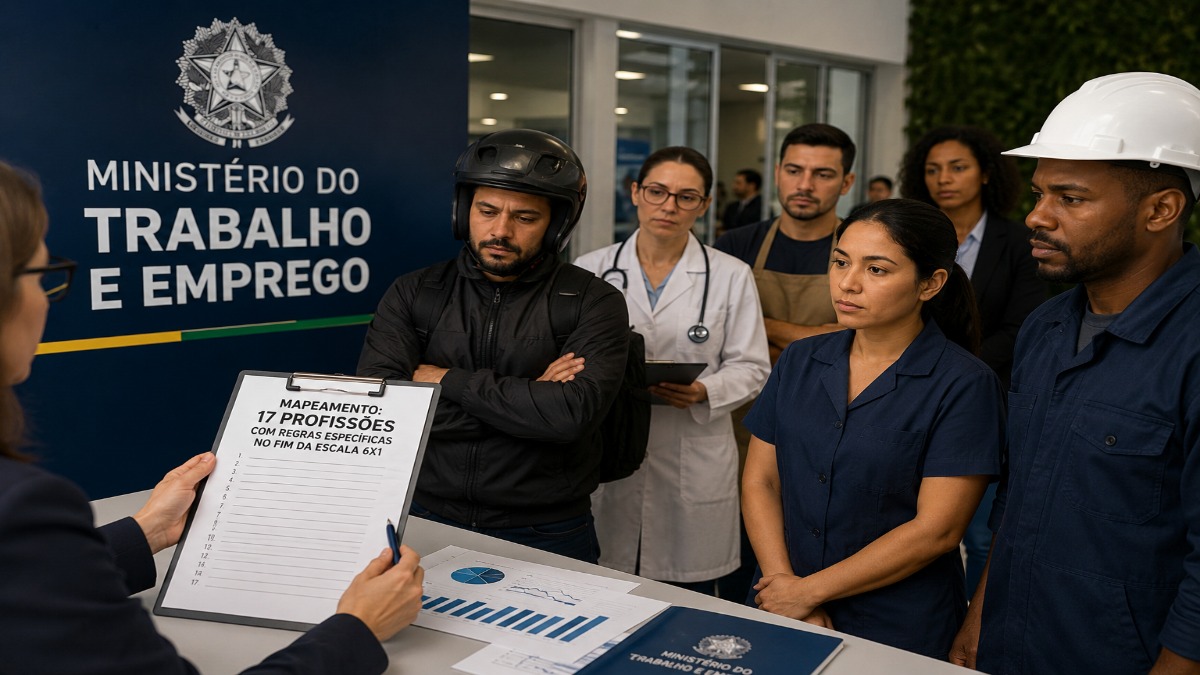 Trabalhadores de várias profissões diante de uma prancheta com o mapeamento das 17 atividades com regras específicas no fim da escala 6x1, no Ministério do Trabalho