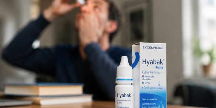 Homem de blusa azul aplica colírio Hyabak sentado em mesa com caixas do produto visíveis