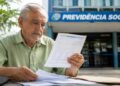 Homem idoso confere documentos em frente a uma agência da Previdência Social, representando a proposta de revisão do cálculo da aposentadoria do INSS