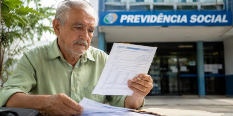 Homem idoso confere documentos em frente a uma agência da Previdência Social, representando a proposta de revisão do cálculo da aposentadoria do INSS