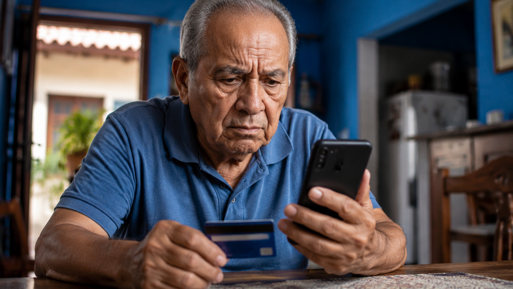 Homem idoso observa preocupado o celular enquanto segura um cartão bancário, cena que representa a matéria sobre o projeto de proteção a idosos vítimas de golpes digitais