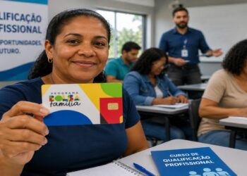 Mulher segura o cartão do Bolsa Família em uma sala de curso de qualificação profissional, ilustrando o projeto que prevê auxílio para estudar
