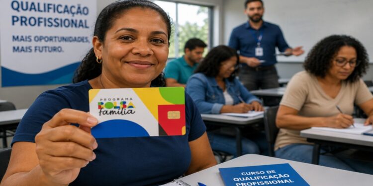 Mulher segura o cartão do Bolsa Família em uma sala de curso de qualificação profissional, ilustrando o projeto que prevê auxílio para estudar