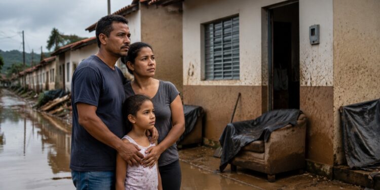 Família observa a rua alagada em frente à casa tomada pela lama após enchente, cena que ilustra a matéria sobre o projeto que suspende parcelas do Minha Casa, Minha Vida para vítimas de desastres