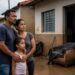 Família observa a rua alagada em frente à casa tomada pela lama após enchente, cena que ilustra a matéria sobre o projeto que suspende parcelas do Minha Casa, Minha Vida para vítimas de desastres