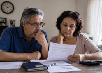 Imagem ilustrativa de casal conferindo documentos e contas em casa, em representação do debate sobre as propostas de mudança na aposentadoria