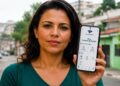 Mulher segura celular com o aplicativo Meu Imposto de Renda da Receita Federal aberto, usado para consultar a restituição cashback do IRPF 2026