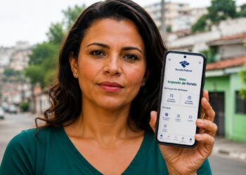 Mulher segura celular com o aplicativo Meu Imposto de Renda da Receita Federal aberto, usado para consultar a restituição cashback do IRPF 2026