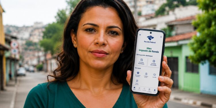 Mulher segura celular com o aplicativo Meu Imposto de Renda da Receita Federal aberto, usado para consultar a restituição cashback do IRPF 2026