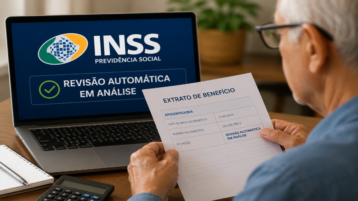 Aposentado segura extrato de benefício do INSS com a marcação "revisão automática em análise", situação que ilustra o projeto de lei que prevê o recálculo do benefício