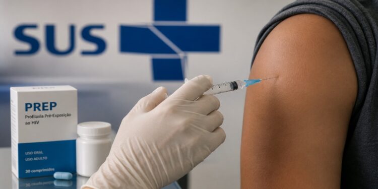 Profissional de saúde aplica injeção no braço de um paciente ao lado de uma caixa de PrEP oral, com a marca do SUS ao fundo, imagem ilustrativa da proposta de incluir a prevenção injetável contra o HIV na rede pública
