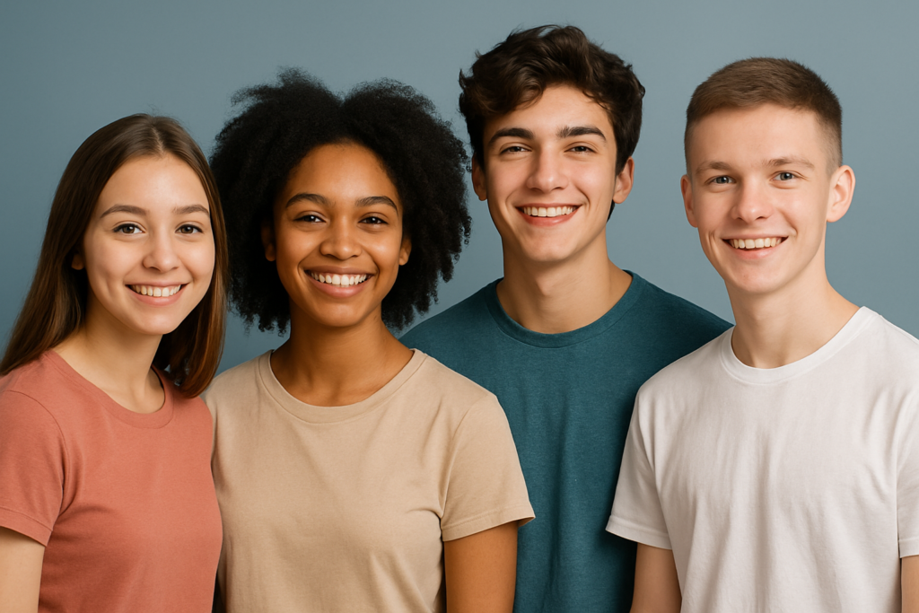 Quatro adolescentes sorrindo lado a lado de frente, usando camisetas bege, rosa, verde e branca