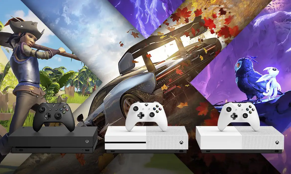 Consoles e controles do Xbox diante de cenas de jogos, divisão de games que concentra a maior parte das demissões da Microsoft