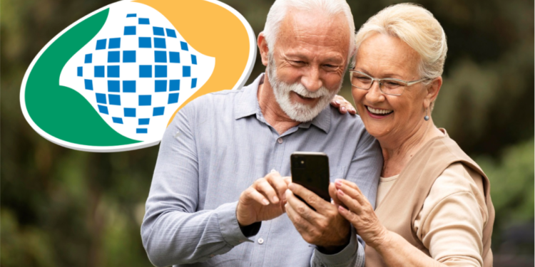 Idosos sorridentes usam celular ao lado de símbolo do INSS.