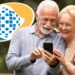 Idosos sorridentes usam celular ao lado de símbolo do INSS.