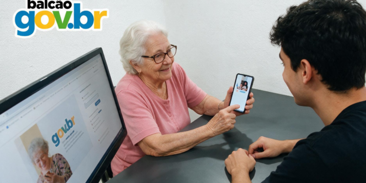 Idosa pede orientação sobre serviços digitais do Gov.br em balcão de atendimento.