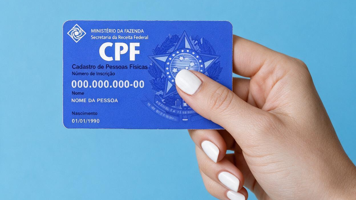 Pessoa segurando cartão de CPF azul em fundo azul claro.