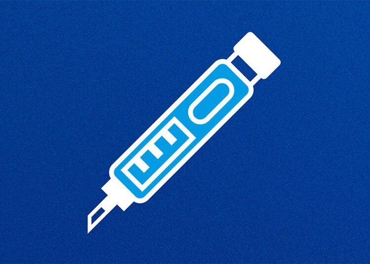 Ilustração de caneta emagrecedora sobre fundo azul.