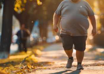 Homem caminhando ao ar livre em calçada urbana ao entardecer.