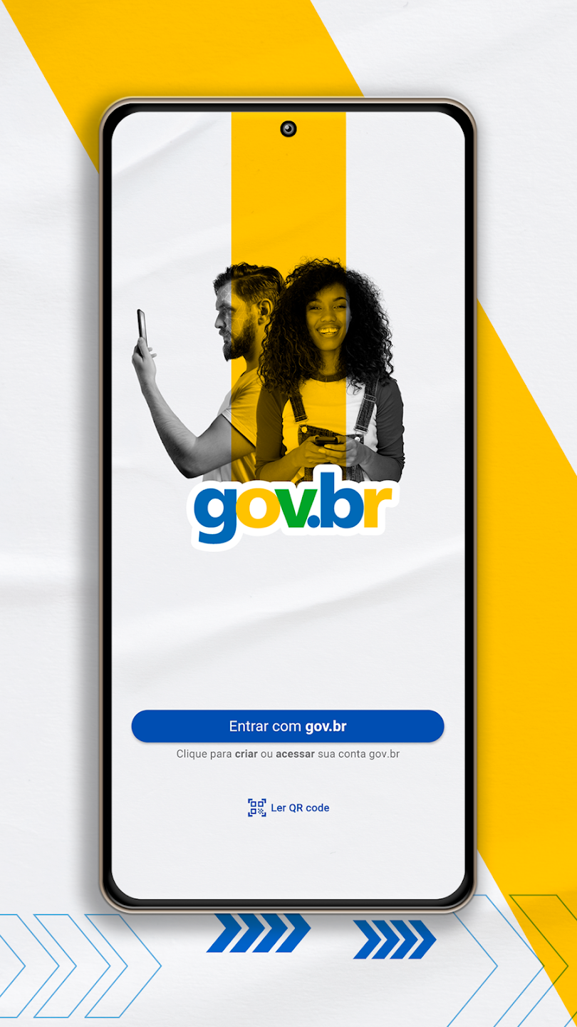 Jovem sorrindo ao lado de homem usando celular com logotipo gov.br e botão de login em tela de smartphone.