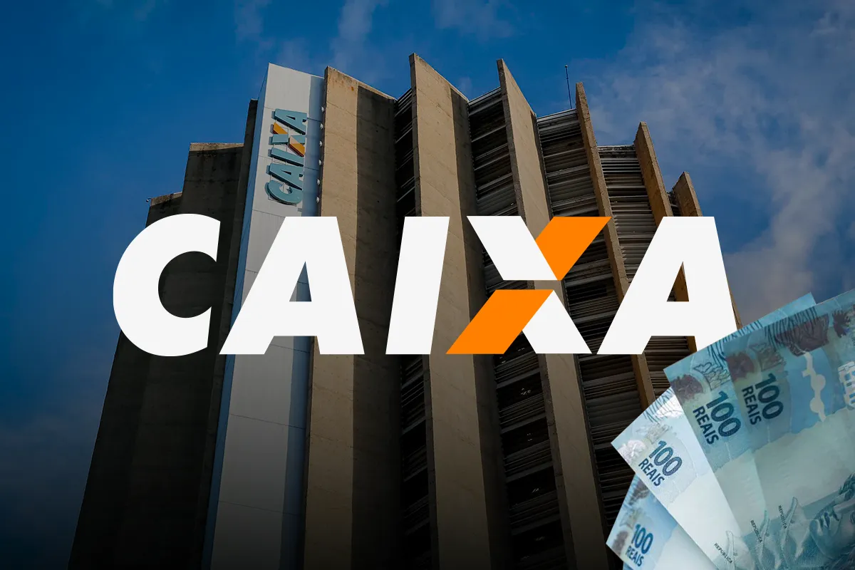 Prédio da Caixa Econômica Federal com logo grande e notas de 100 reais em destaque.