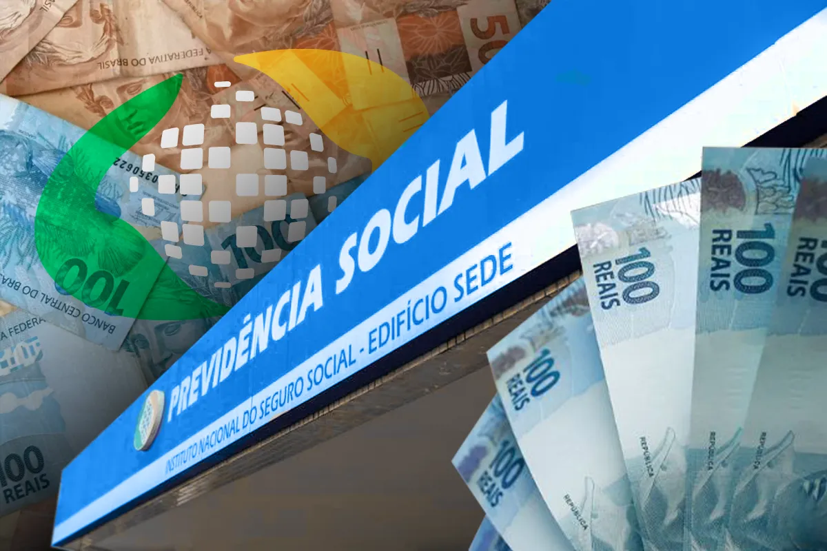 Fachada do INSS Previdência Social sobreposta a notas de 100 e 50 reais em montagem.