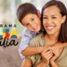 Mulher adulta e menino sorridentes no sofá ao lado do logo colorido do Programa Bolsa Família.