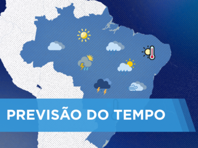 Mapa do Brasil mostrando ícones de sol, nuvens, chuva e temperatura indicando previsão do tempo.