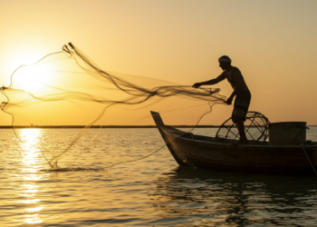 Pescador lança rede no mar ao pôr do sol em cenário sereno.