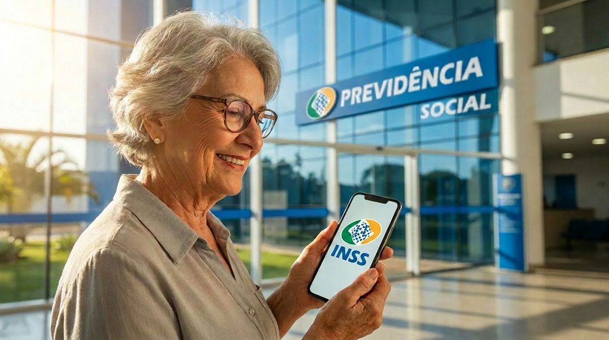 Imagem ilustrativa de mulher idosa usando o celular diante de uma agência da Previdência Social, cena ligada ao agendamento da perícia pelos canais oficiais.