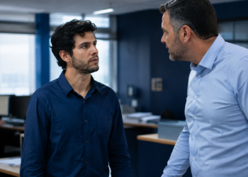 Imagem ilustrativa de dois homens frente a frente em um escritório, um deles em postura de cobrança sobre o outro, remetendo à pressão que caracteriza o assédio eleitoral no trabalho
