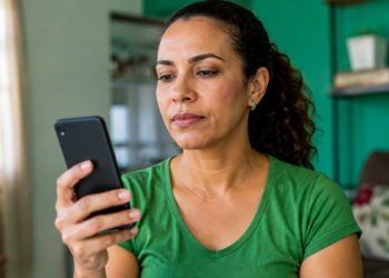 Imagem ilustrativa de mulher em casa olhando com atenção para a tela do celular enquanto envia uma mensagem de texto, representando o cadastro por SMS nos alertas do INMET e Defesa Civil.