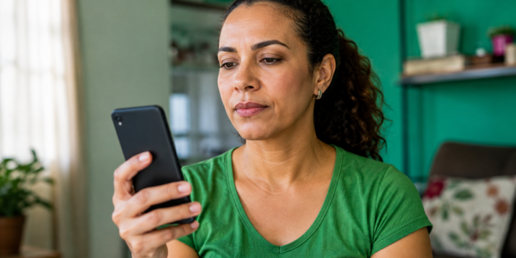 Imagem ilustrativa de mulher em casa olhando com atenção para a tela do celular enquanto envia uma mensagem de texto, representando o cadastro por SMS nos alertas do INMET e Defesa Civil.