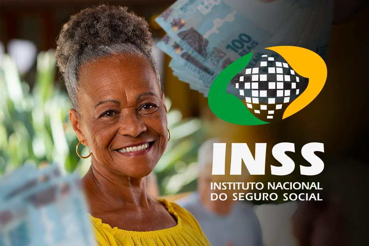 Imagem ilustrativa de mulher idosa sorridente ao lado da marca do INSS, com cédulas ao fundo, cena ligada à consulta da situação da prova de vida pelos canais oficiais.