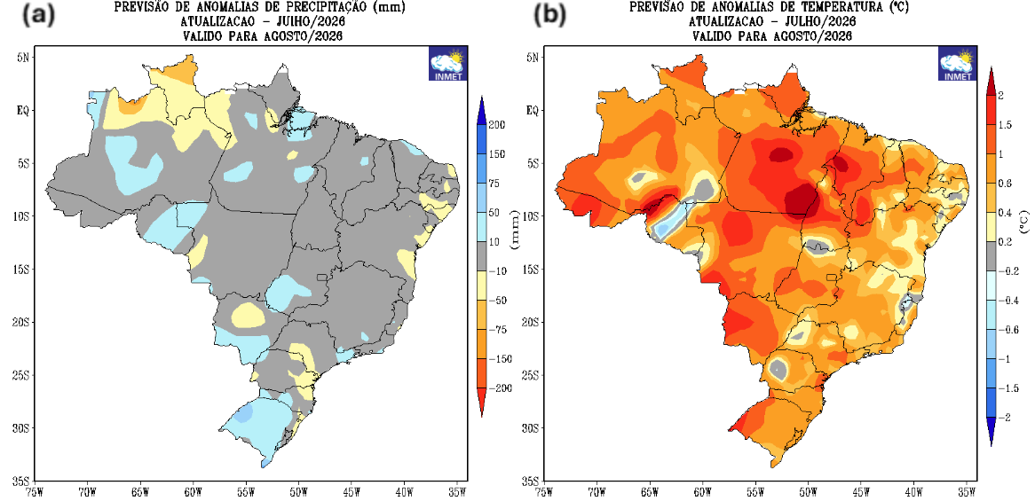 Mapas do Inmet com as anomalias previstas de precipitação e de temperatura para agosto de 2026 no Brasil, indicando por cores as regiões acima e abaixo da média