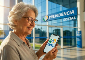 Imagem ilustrativa de aposentada segurando celular com a marca do INSS na tela, diante da fachada de uma unidade da Previdência Social, em referência à contratação do consignado sem biometria facial
