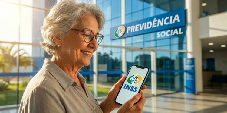 Imagem ilustrativa de aposentada segurando celular com a marca do INSS na tela, diante da fachada de uma unidade da Previdência Social, em referência à contratação do consignado sem biometria facial