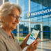 Imagem ilustrativa de aposentada segurando celular com a marca do INSS na tela, diante da fachada de uma unidade da Previdência Social, em referência à contratação do consignado sem biometria facial