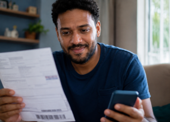 Imagem ilustrativa de homem sorrindo ao olhar um boleto em papel enquanto segura o celular na sala de casa, referência à renegociação de dívidas com juros menores
