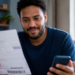 Imagem ilustrativa de homem sorrindo ao olhar um boleto em papel enquanto segura o celular na sala de casa, referência à renegociação de dívidas com juros menores
