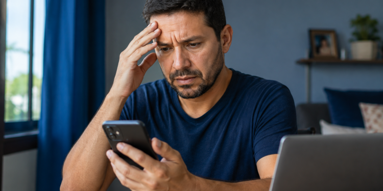 Imagem ilustrativa de homem com a mão na testa olhando preocupado para o celular, cena ligada à cobrança indevida feita por páginas que imitam o programa de renegociação.