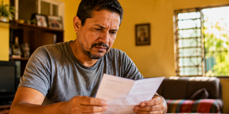 Imagem ilustrativa de homem lendo com atenção um papel dobrado sentado à mesa de casa, cena ligada à checagem de promessas de indenização que circulam pela internet.
