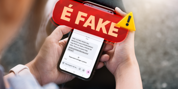 Imagem ilustrativa de celular exibindo mensagem de texto que ameaça interromper benefício por falta de prova de vida, com selo indicando conteúdo falso.