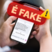 Imagem ilustrativa de celular exibindo mensagem de texto que ameaça interromper benefício por falta de prova de vida, com selo indicando conteúdo falso.