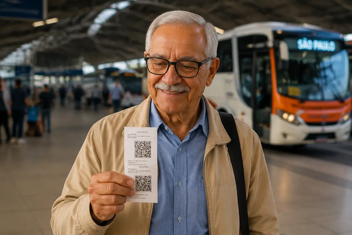 Idoso segura passagem de ônibus em terminal rodoviário representando regras de desconto e gratuidade no transporte interestadual.