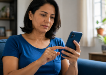 Imagem ilustrativa de mulher de blusa azul sentada no sofá tocando a tela do smartphone em casa, referência ao uso do aplicativo para acessar serviços de saúde pelo celular